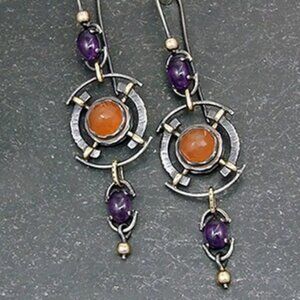 Beautiful Handcrafted Long Silver Electro-Plated Drop Earrings -Synthetic Stones